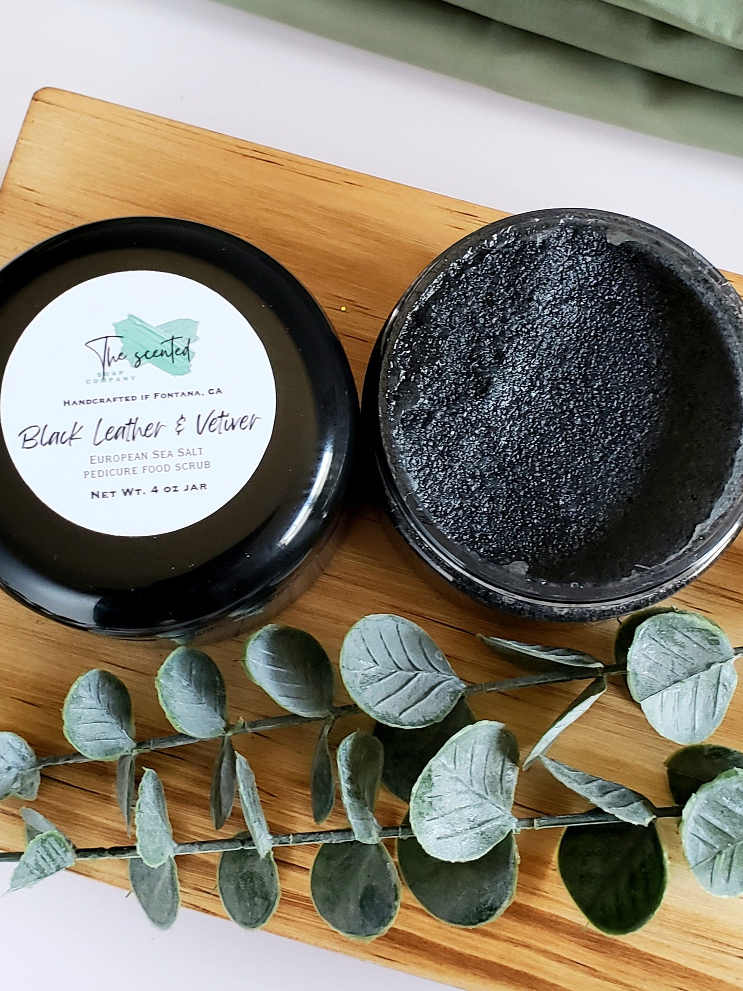 Foot Scrub for Men BLACK LEATHER & VETIVER and Activated Charcoal Exfoliating Pedicure Foot Scrub (Emulsified) 4oz Jar