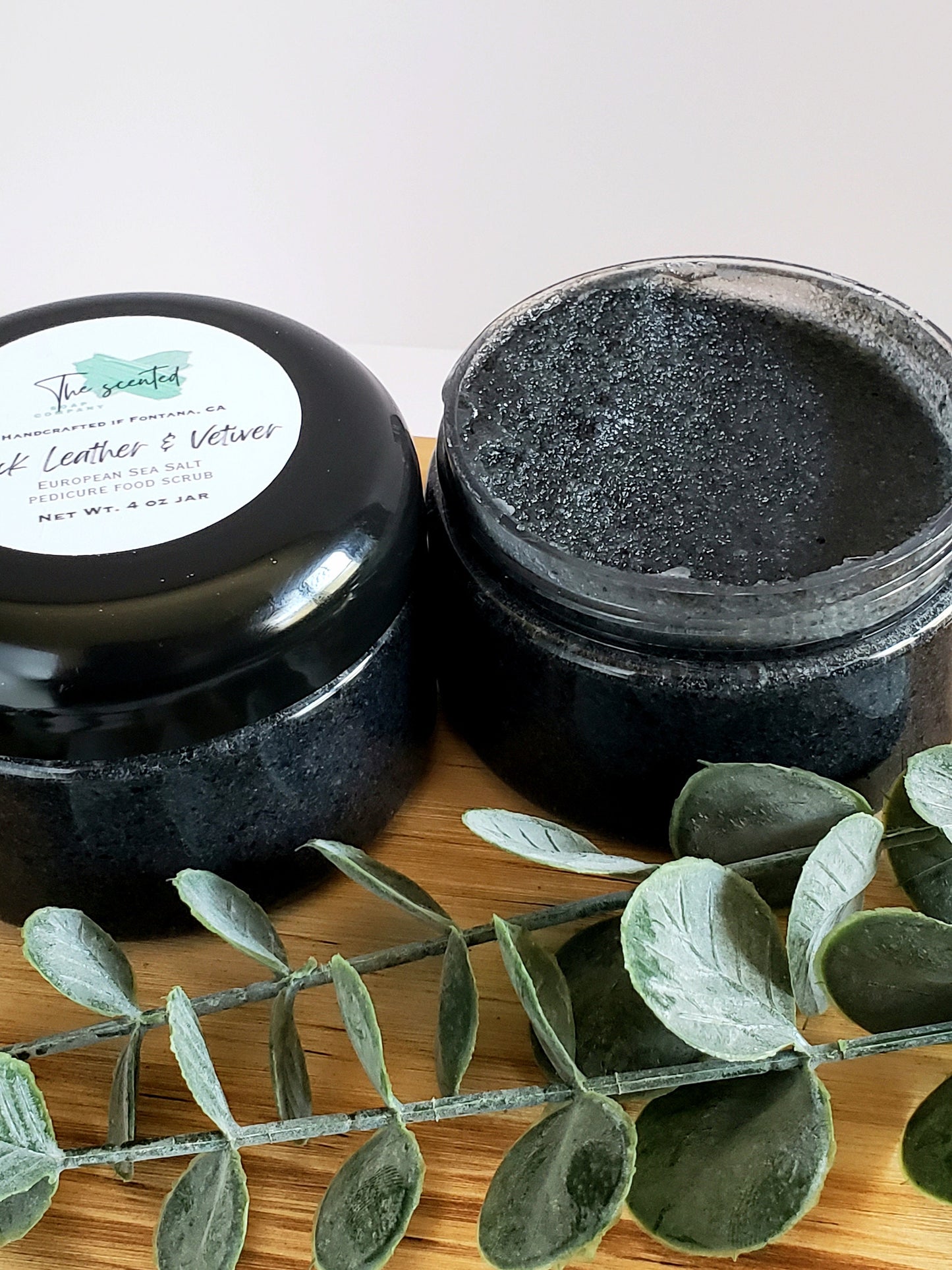 Foot Scrub for Men BLACK LEATHER & VETIVER and Activated Charcoal Exfoliating Pedicure Foot Scrub (Emulsified) 4oz Jar